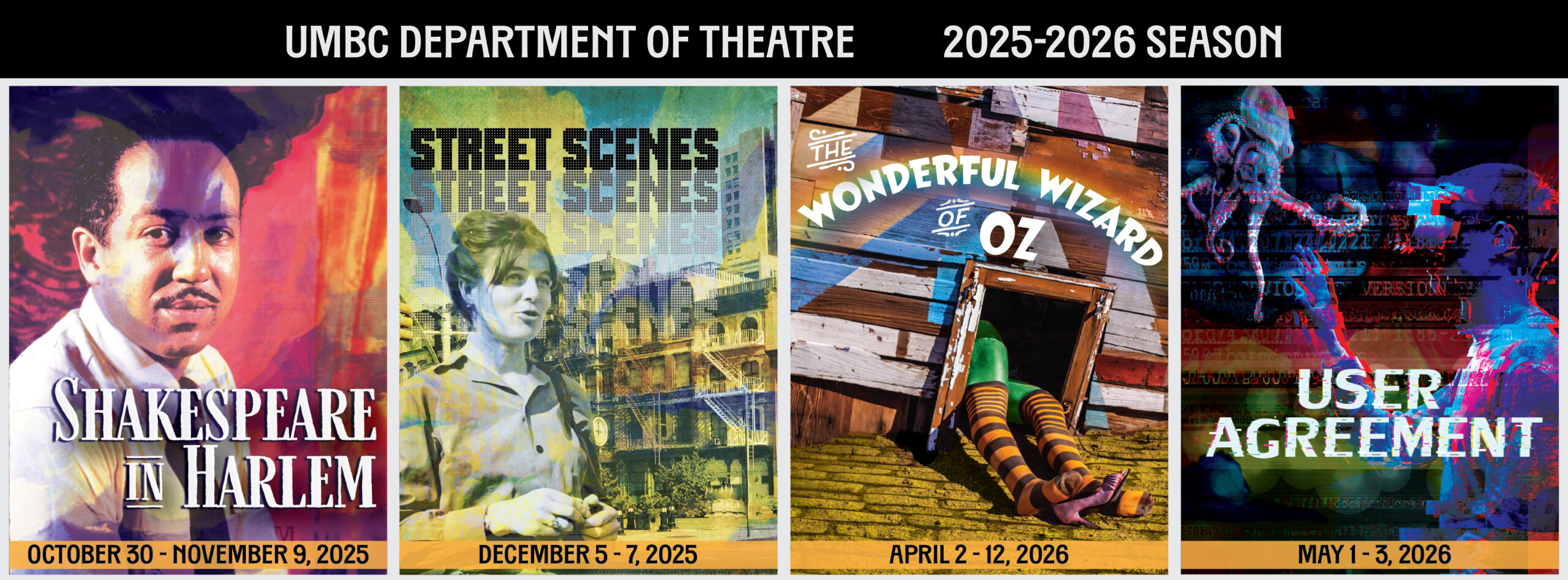 Graphic showing UMBC Theatre's 2025 - 2026 Season